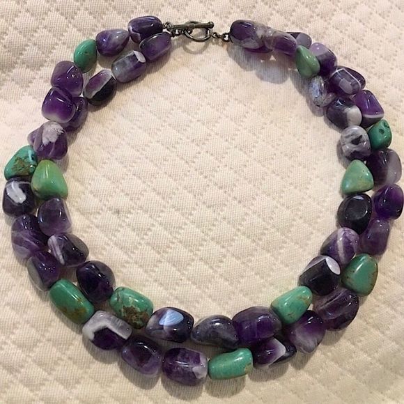 VINTAGE Amethyst and Turquoise Double Strand Sterling Silver Necklace - Picture 1 of 11